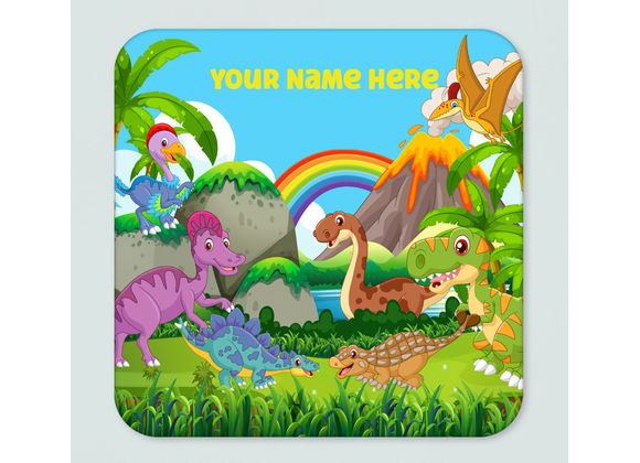 Personalised Dinosaur placemat and coaster set with a blue background