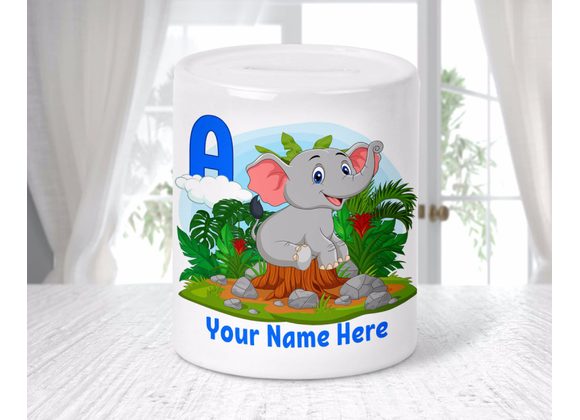 Personalised elephant alphabet money box Blue background