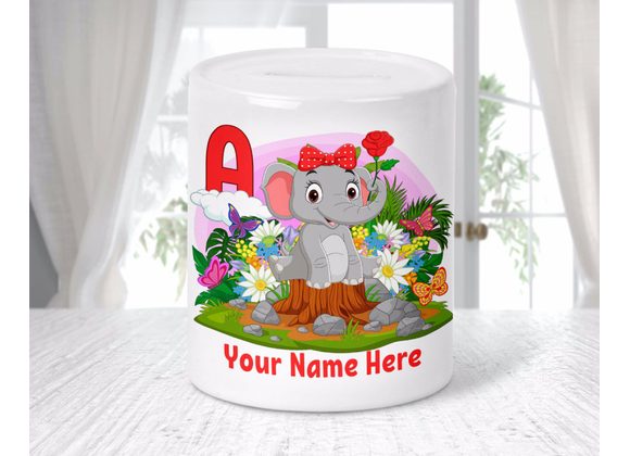Personalised elephant alphabet money box pink background