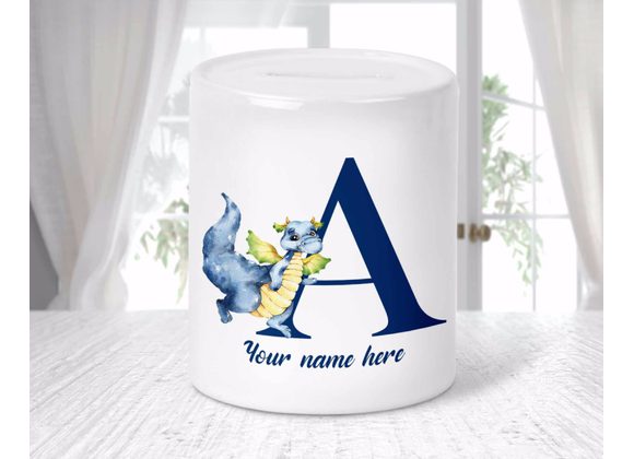 Personalised alphabet blue dragon money box