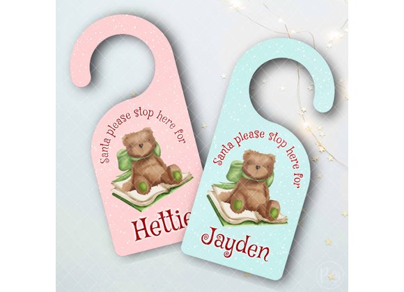 Personalised Christmas door hanger, Teddy with Green ribbon