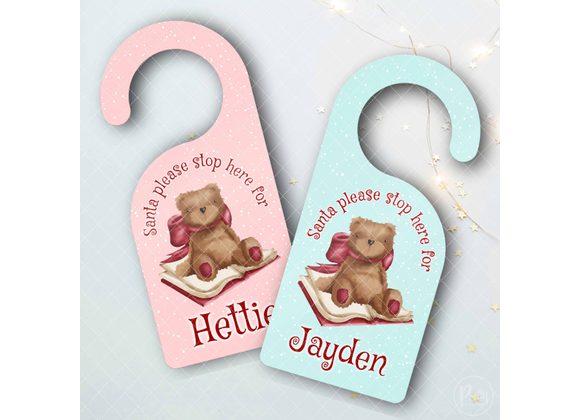 Personalised Christmas door hanger, Teddy with Red ribbon