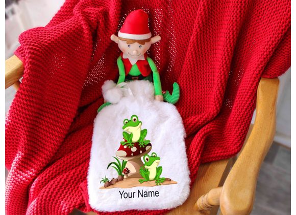 Personalised Frog on a mushroom hot water bottle