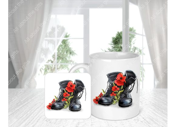 Boots and poppies mug and coaster set 