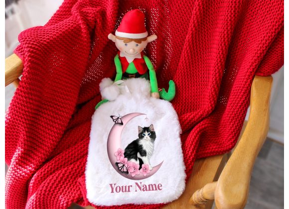 Personalised cat in the moon hot water bottle