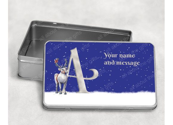 Personalised Christmas reindeer alphabet tin