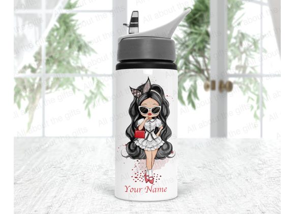 Personalised Little Miss Fashion Drinks Bottle 600ml, personalised Aluminium Drinks Bottle