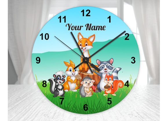 Personalised Glass 30cm woodland animal clock 