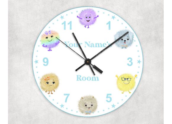 Personalised 30cm Glass Fluffums clock in pink or blue