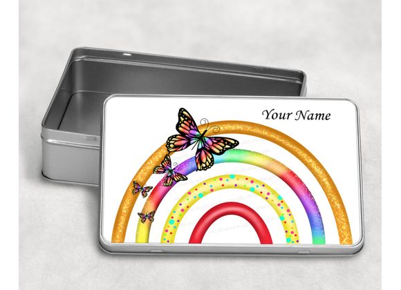 personalised Butterfly on a  Rainbow tin