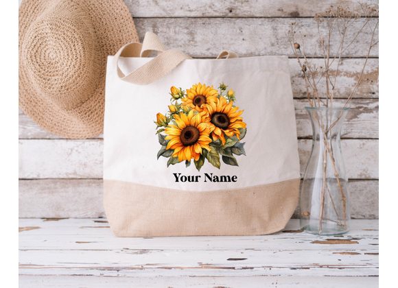 Personalised Sunflower Jute Bag, Sustainable Jute Bag, Sunflower Reusable Bag, Mums Shopping Bag, Nans Flower Gift, Jute Bag Gift For Her
