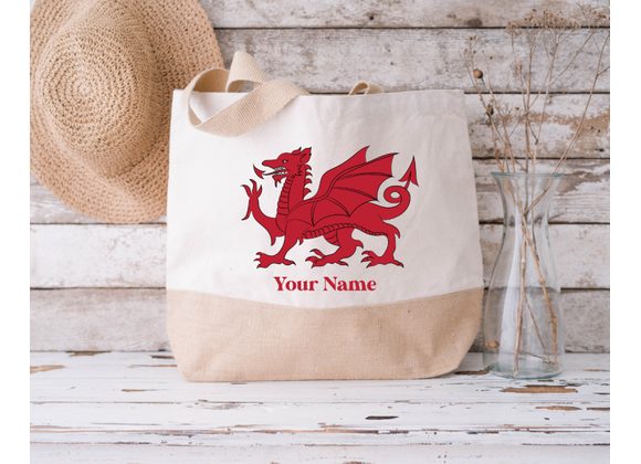 Welsh Dragon Jute Bag, Tote Bag Gift For Her, Wales Bag, Welsh Dragon Gifts, Mums Birthday Gift, Daughters Jute Bag, Welsh Dragon Book Bag