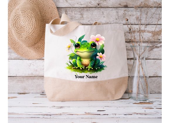 Personalised Jute Bag, Sustainable Shopping Bag, Nature Themed Gifts, Reusable Bag, Frog Birthday Gift, Frog Tote Bag For Her, Jute Book Bag