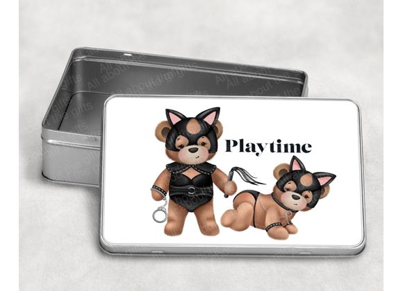 Small storage tin to hold those invaluable treasures depicting a cheeky bondage scene 