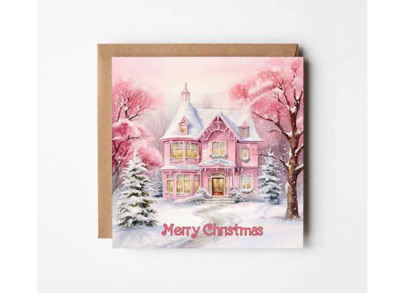Pink Winter Scene Christmas Card – Snowy Holiday Greeting Card For Family, Friends & Co-workers