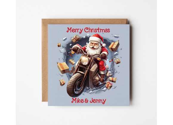 Personalised Biker Christmas Card, Motorbike Santa Xmas Card
