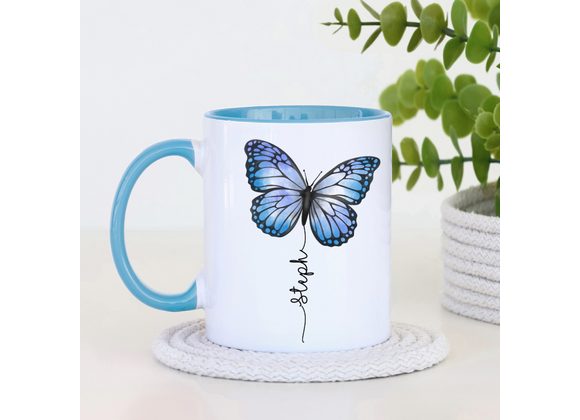 Personalised Blue Butterfly Mug – Custom Name & Colours