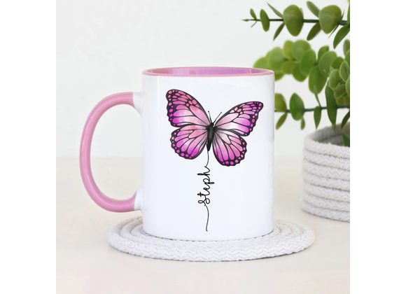 Personalised Pink Butterfly Mug – Custom Name & Colours