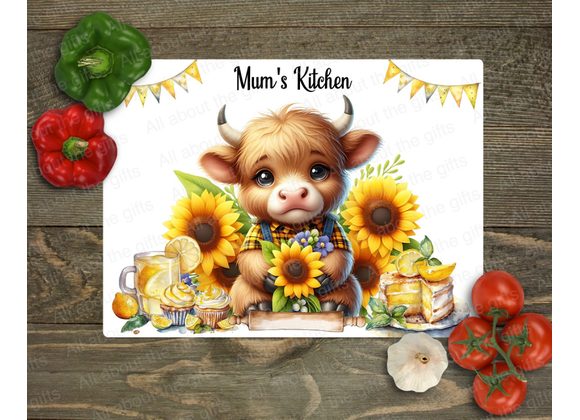 Personalised Glass Worktop Saver – Baby Highland Cow with Sunflowers