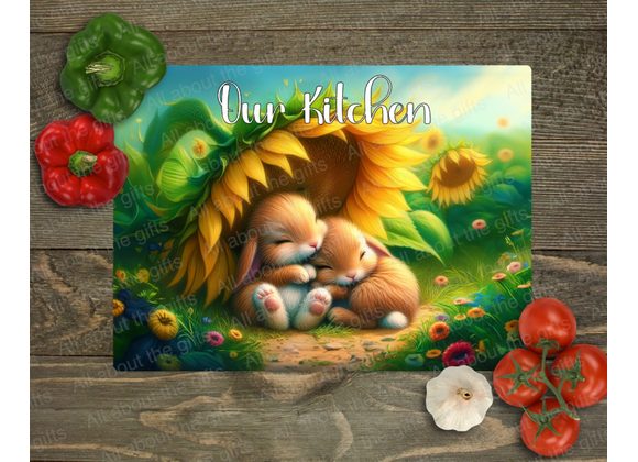 Personalised Glass Worktop Saver – Two Baby Rabbits Sleeping Under Sunflower