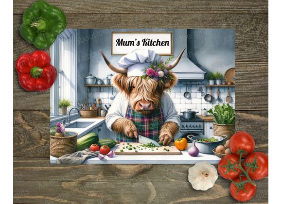 Personalised Highland Cow Chef Glass Worktop Saver – Fun Kitchen Decor
