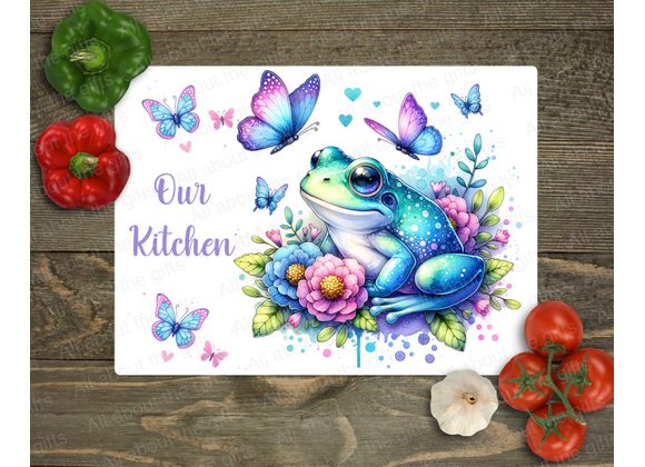 Colorful Frog & Butterflies Glass Worktop Saver – Whimsical Kitchen Decor