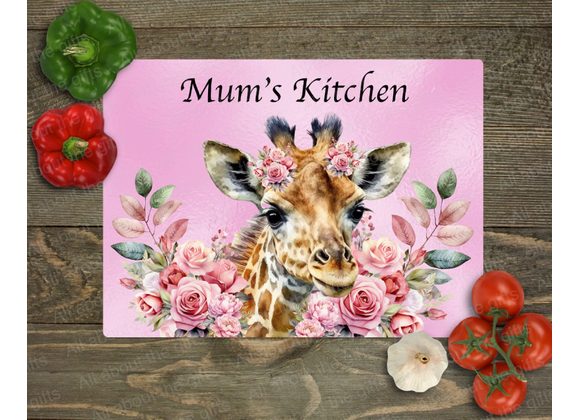 Personalised Giraffe with Flowers Glass Worktop Saver – Cute Pink Kitchen Decor