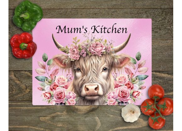 Highland Cow with Flowers Glass Worktop Saver – Pink Rustic Kitchen Decor Main Meta Description: