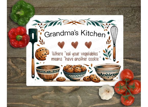Personalised Glass Worktop Saver – Grandma’s Kitchen Cookie Design