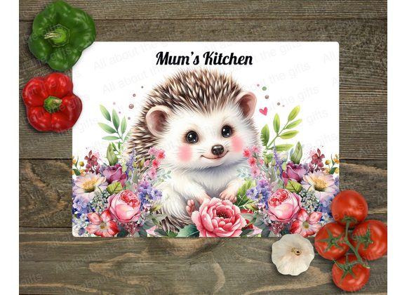 Personalised Glass Worktop Saver – Hedgehog in Flowers Design