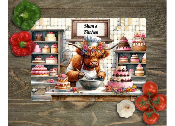 Personalised Highland Cow Baker Glass Worktop Saver
