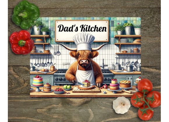 Personalised Male Highland Cow Baker Glass Worktop Saver