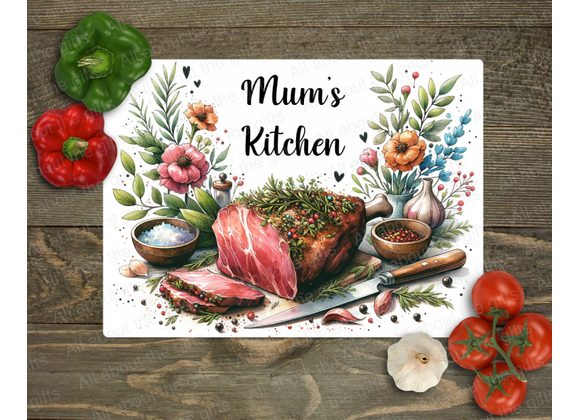 Personalised Glass Worktop Saver – Carved Meat Design