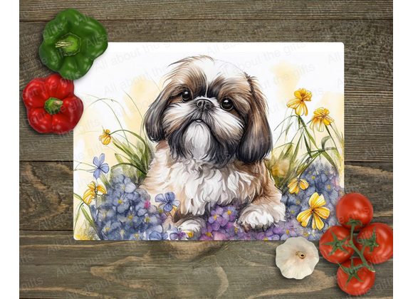 Glass Worktop Saver – Shih Tzu lying in a bed of Flowers