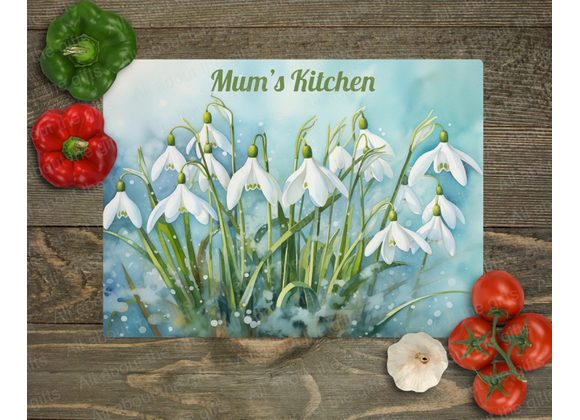 Personalised Glass Worktop Saver – Snowdrop Scene