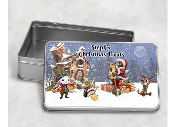 Personalised Christmas Storage Tin – Santa Bear & Gifts Scene, Festive Keepsake Box