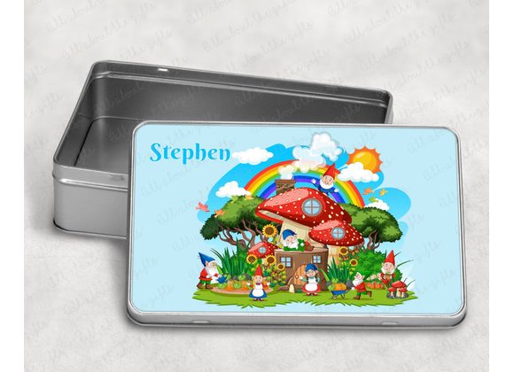 Personalised Storage Tin – Gnome House Scene Pink or Blue