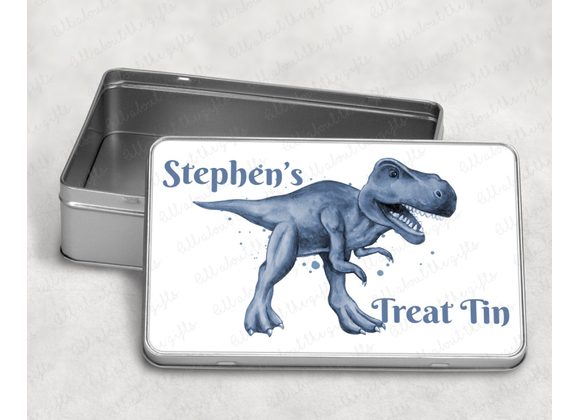 Personalised Storage Tin – Blue Dinosaur Design, Kids Keepsake Box
