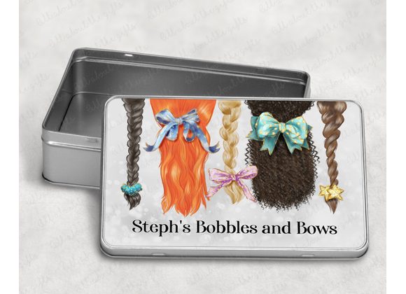 Personalised Hair Accessories Storage Tin – Plaits & Ponytails Design, Pink or Grey