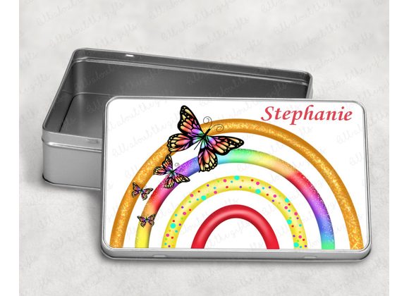 Personalised Storage Tin – Rainbow & Butterfly Design, Colourful Keepsake Box