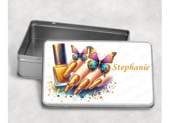 Personalised Nail Art Storage Tin – Long Nails & Butterflies Design, Beauty Keepsake Box