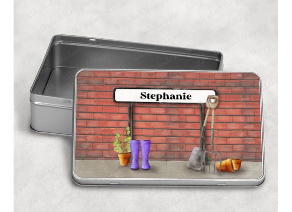 Personalised Garden Storage Tin – Brick Wall & Wellies Scene | Keepsake Box
