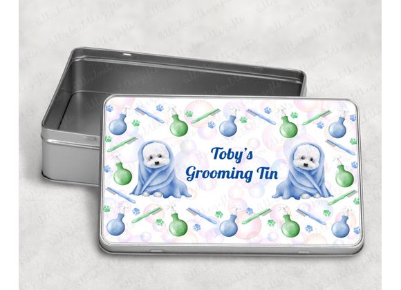 Personalised Dog Grooming Storage Tin – Dog in Towel Design, Pet Care Tin