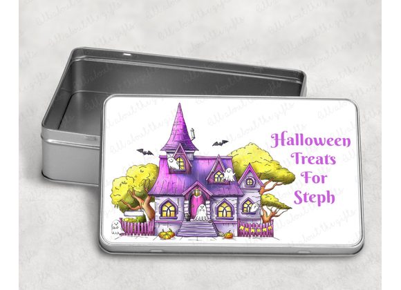 Personalised Halloween Storage Tin – Haunted House & Ghosts Design | Festive Keepsake