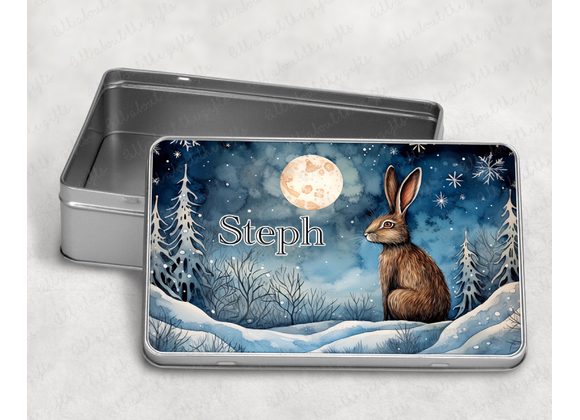Personalised Hare Storage Tin – Night Scene Variations | Woodland Keepsake Box