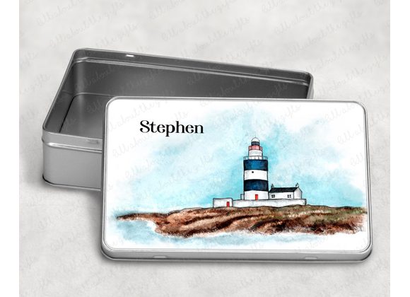 Personalised Lighthouse Storage Tin – Coastal Scene Nautical Keepsake Box
