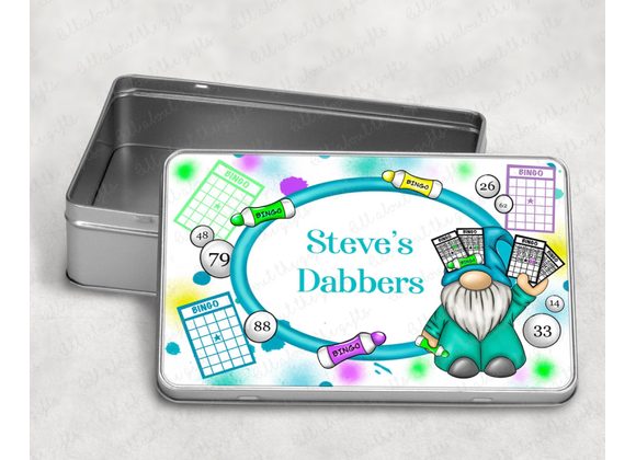 Personalised Bingo Dabbers Storage Tin – Gnome & Bingo Design, Fun Keepsake Box