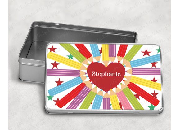 Personalised Storage Tin – Red Heart & Pencils Design, Stationery Keepsake Box