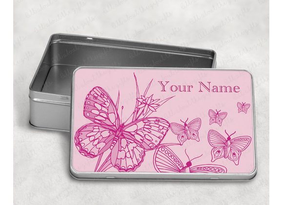 Personalised Storage Tin – Pink Etched Butterflies Design, Elegant Keepsake Box