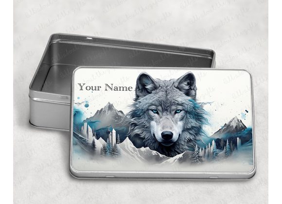 Personalised Wolf Tin - Striking Blue-Eyed Wolf in Mountains